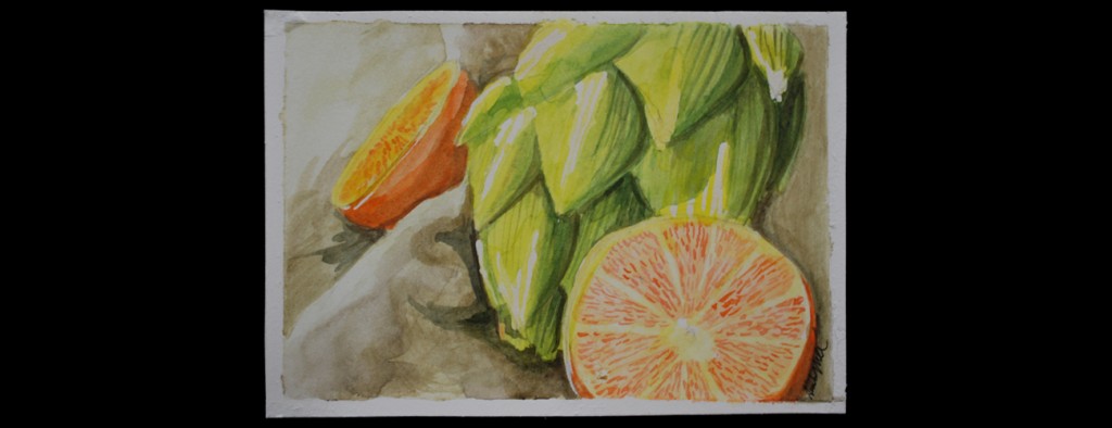A watercolor painting of artichokes and oranges on a black background