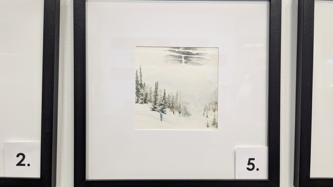 5x5 watercolor painting of Buddy's Run, a ski slope in Steamboat Colorado, in a 10x10 frame.