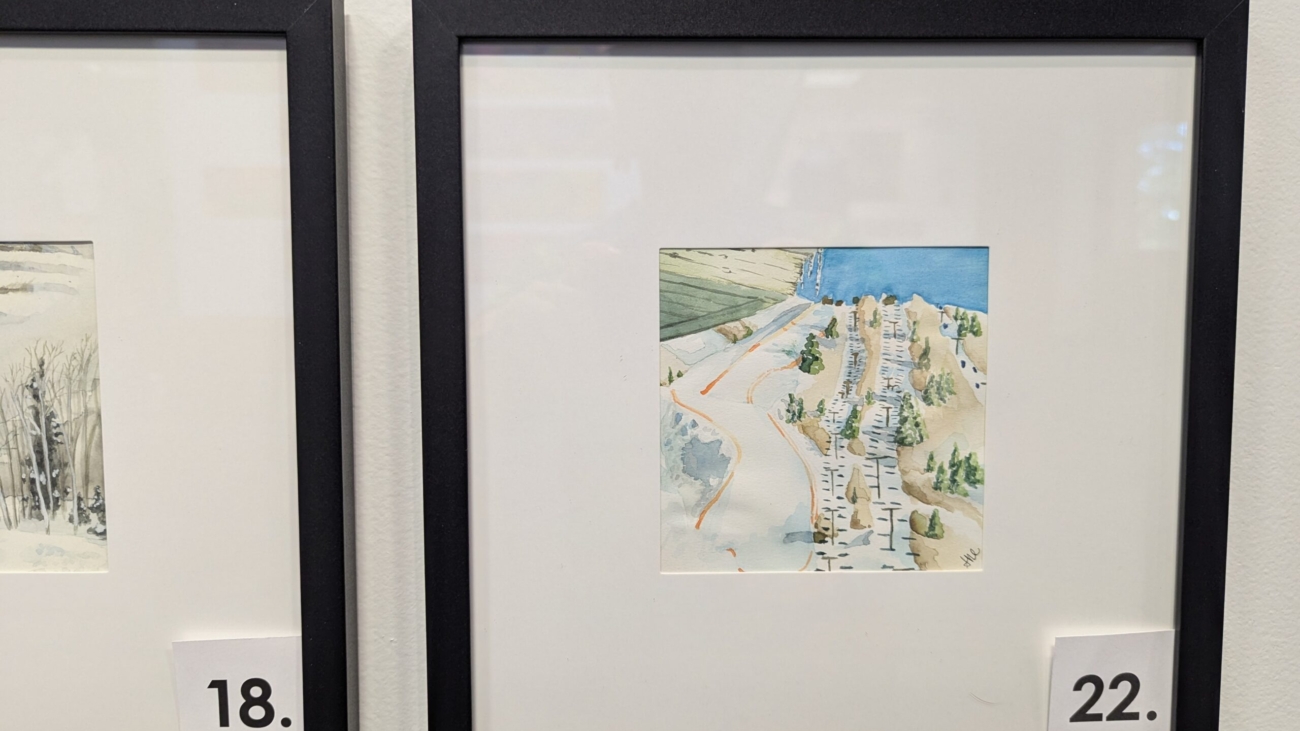 5x5 watercolor painting of the Christy lift and All Out Ski slope in a 10x10 frame.
