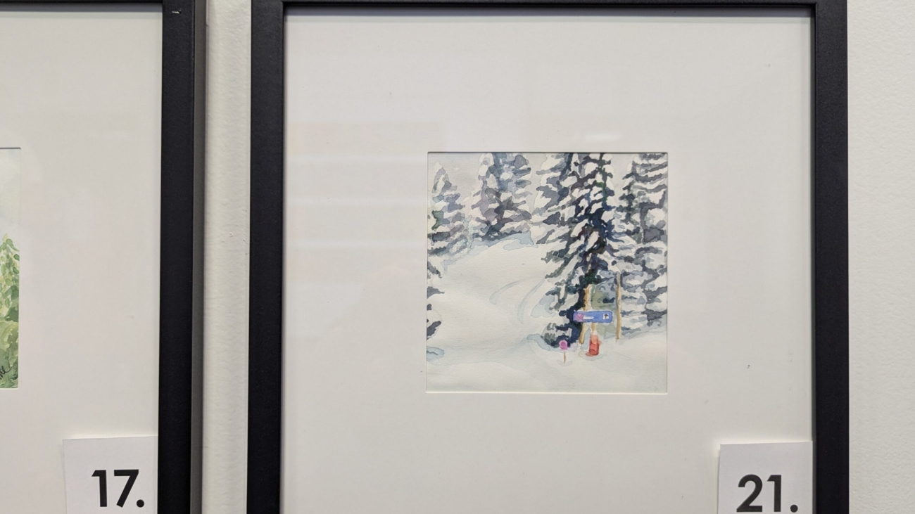 5x5 watercolor painting of Duster, a snowshoe trail in Steamboat CO. in a 10x10 frame.