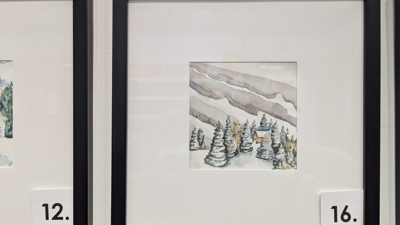 5x5 watercolor painting of Elkhead Tower in a 10x10 frame.