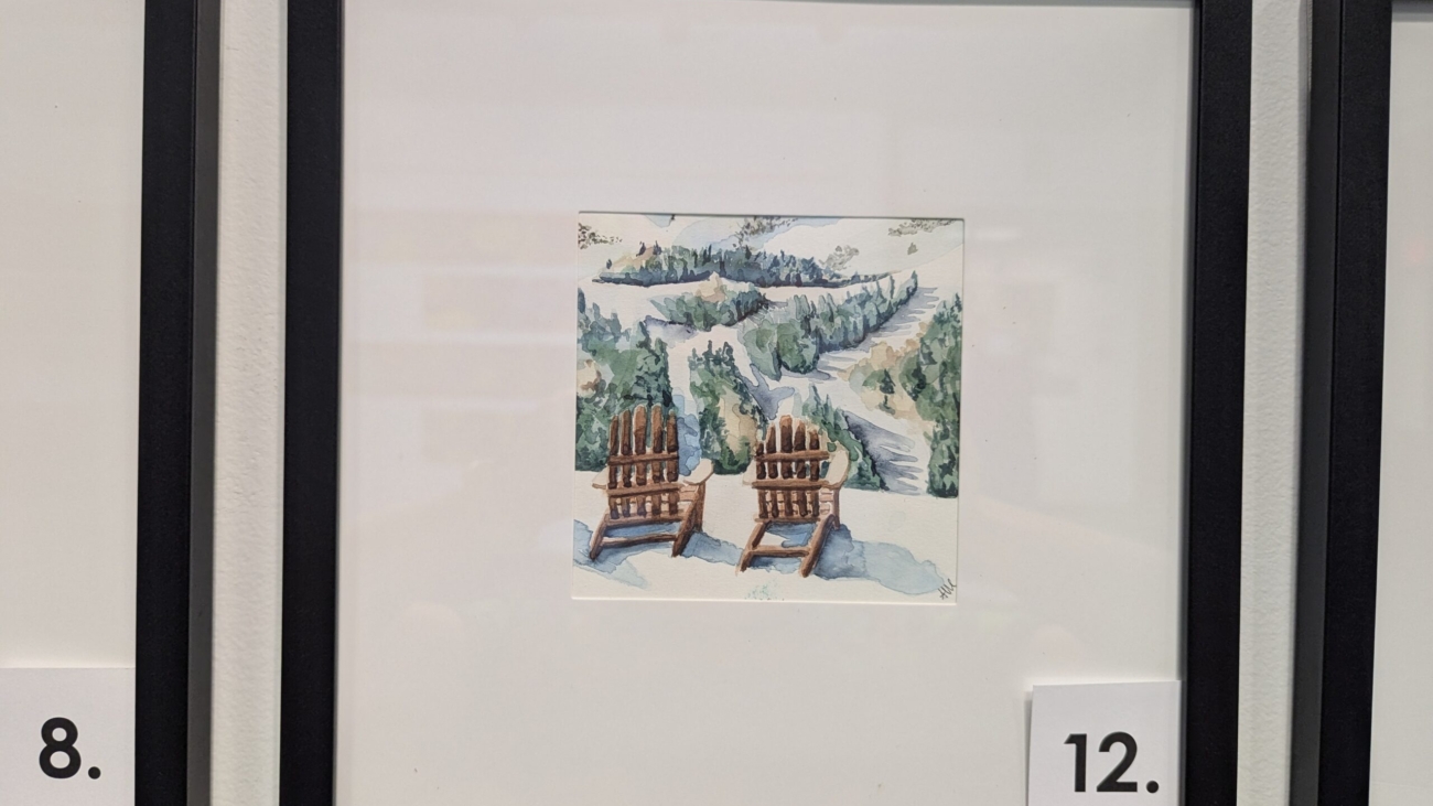 5x5 watercolor painting of the view from Four Points Hut in Steamboat, CO. in a 10x10 frame.
