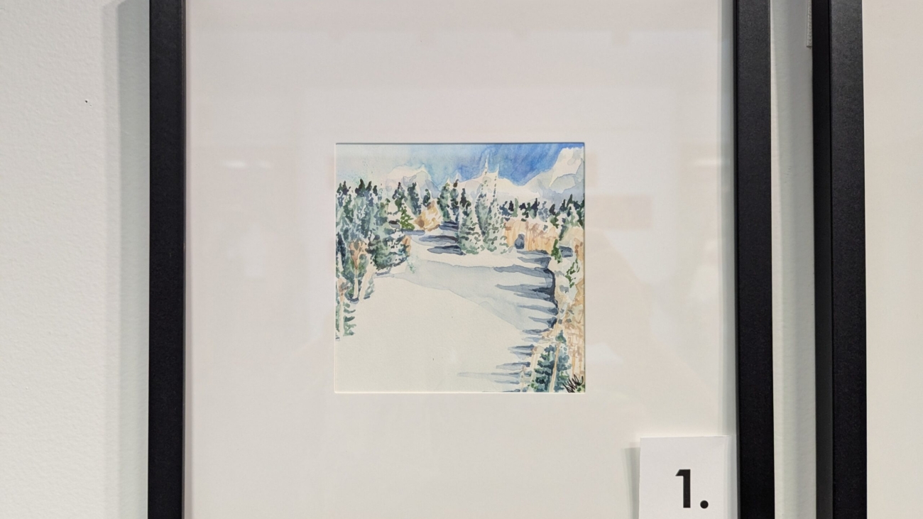 Water color painting of a bright sunny ski slope.