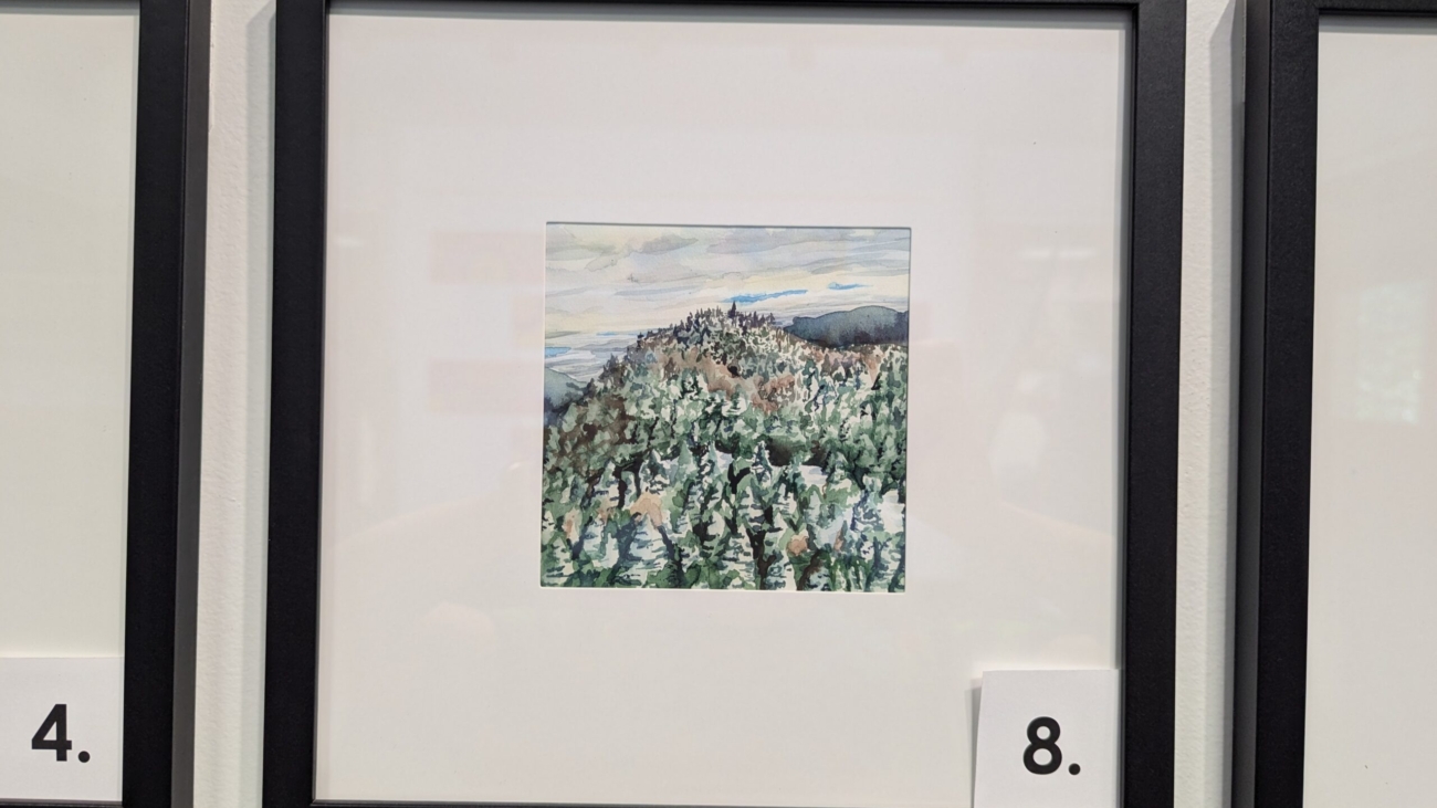 5x5 Watercolor of a view from Rendezvous Hut in Steamboat, CO. The hill overlooks Spike, a ski run. It is in a 10x10 frame.