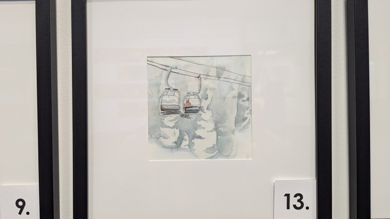 5x5 watercolor painting of the Storm Peak Express Chairlift shrouded in mist in a 10x10 frame.