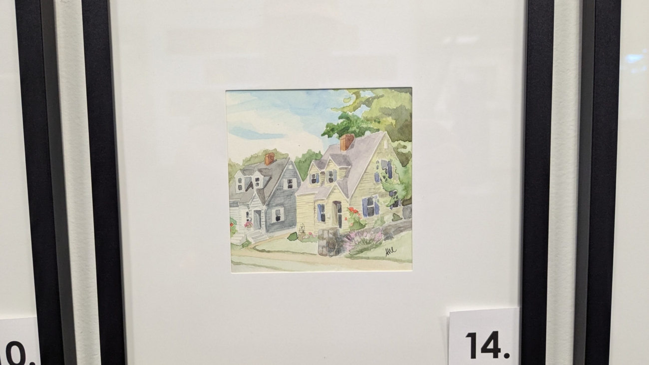 5x5 watercolor painting of two identically framed houses, one yellow, one grey in a 10x10 frame.