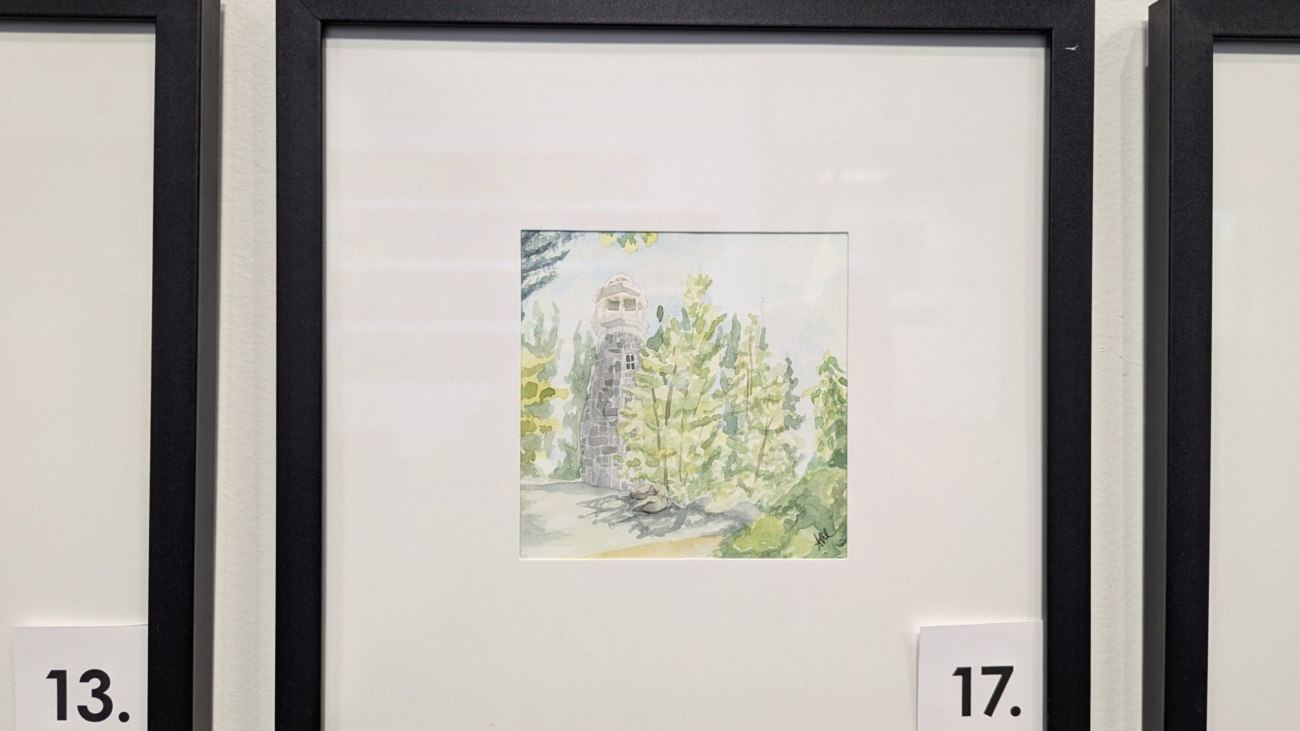 5x5 watercolor painting of Weston Tower in a 10x10 frame.