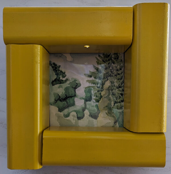 A watercolor of green tree tops with a gentle blue sky behind them. Surrounding the watercolor is a heavy metal bollard in yellow.