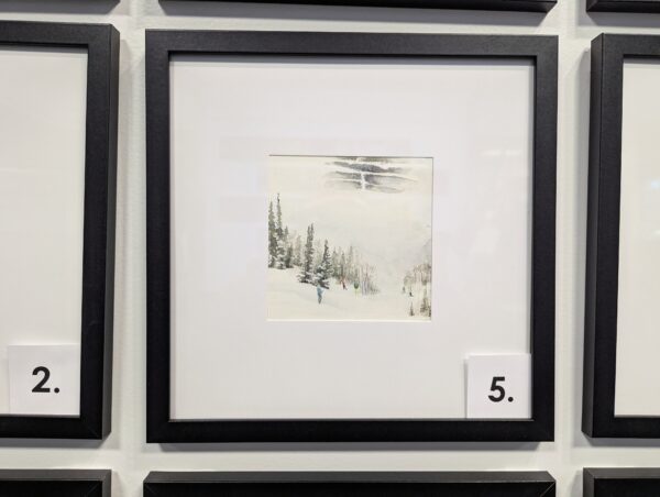 5x5 watercolor painting of Buddy's Run, a ski slope in Steamboat Colorado, in a 10x10 frame.