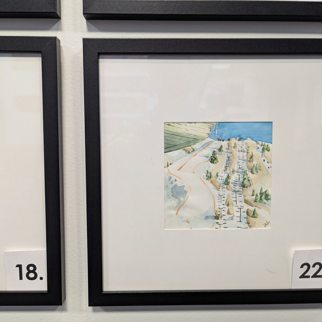 5x5 watercolor painting of the Christy lift and All Out Ski slope in a 10x10 frame.