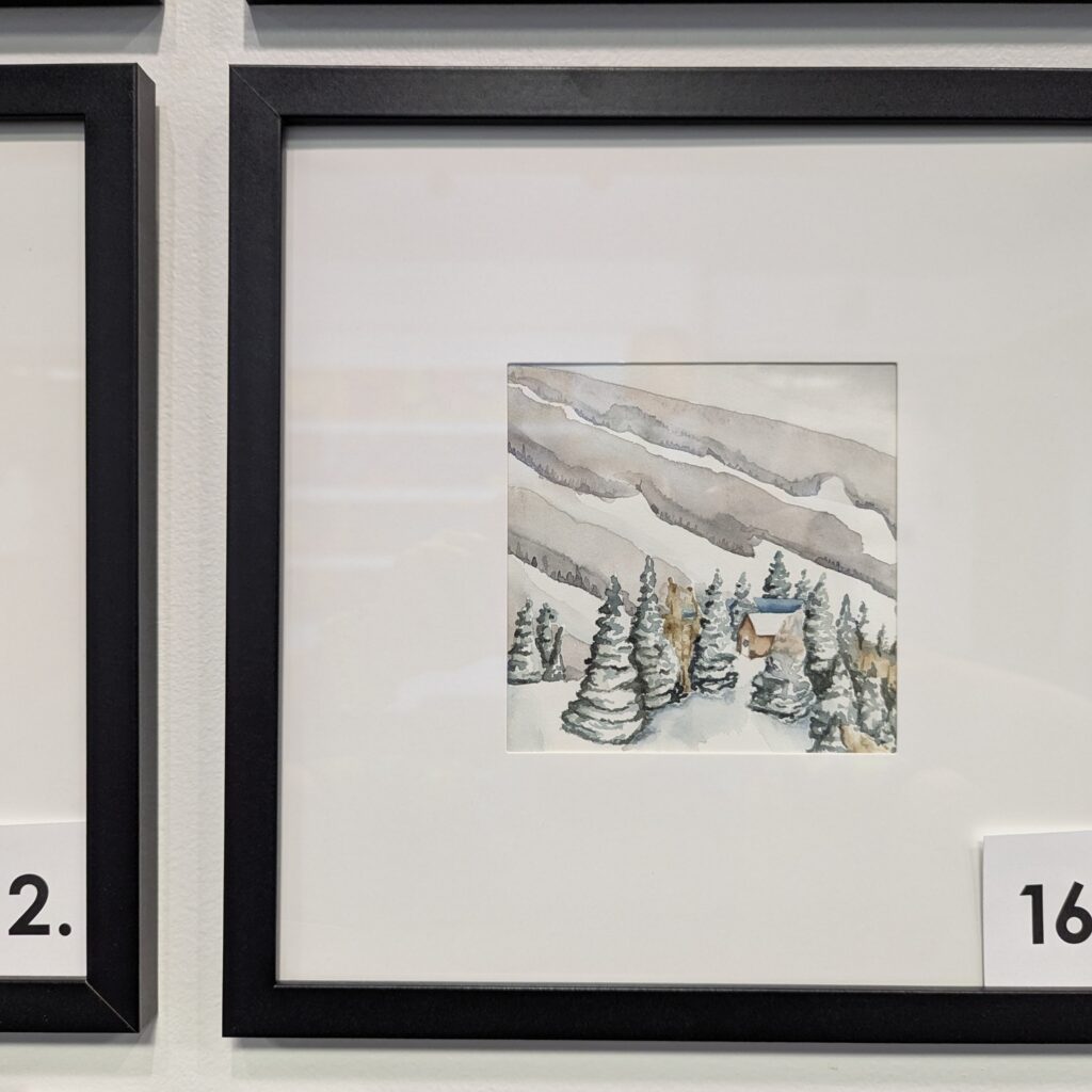 5x5 watercolor painting of Elkhead Tower in a 10x10 frame.