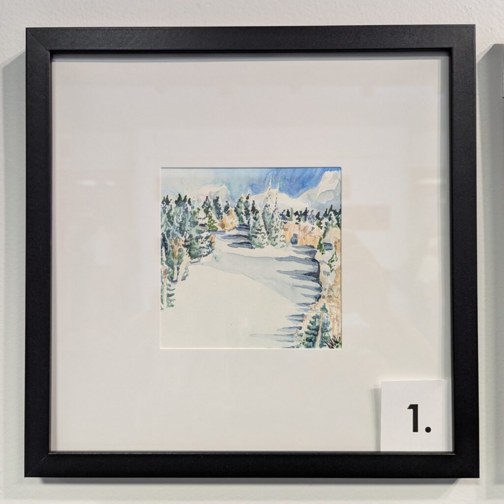5x5 watercolor painting of High Noon Ski slope in Steamboat CO in a 10x10 frame.