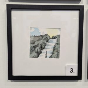 5x5 watercolor painting of a ski slope in Maine in a 10x10 frame.