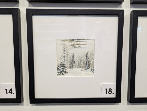 5x5 watercolor of the view from the top of Rainbow, a ski run in Steamboad, CO in a 10x10 frame