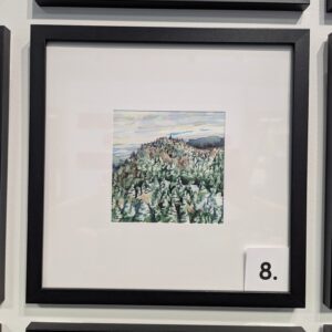 5x5 Watercolor of a view from Rendezvous Hut in Steamboat, CO. The hill overlooks Spike, a ski run. It is in a 10x10 frame.