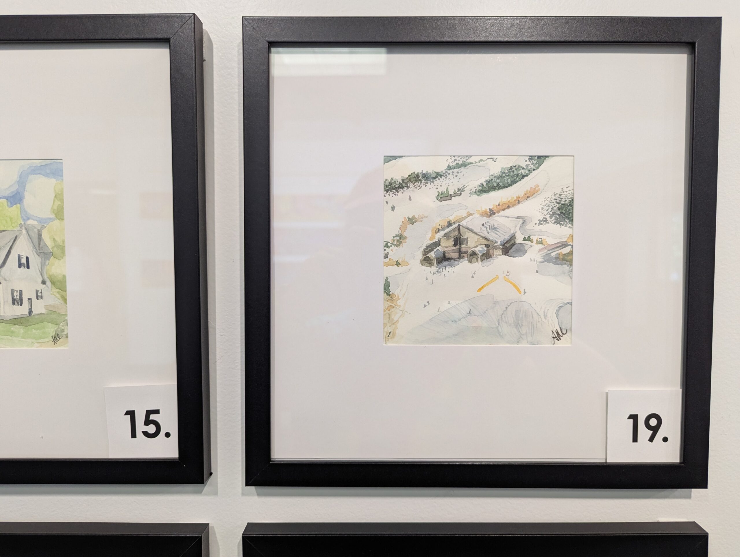 5x5 watercolor painting of Thunderhead Lodge from Four Points Hut in a 10x10 frame.