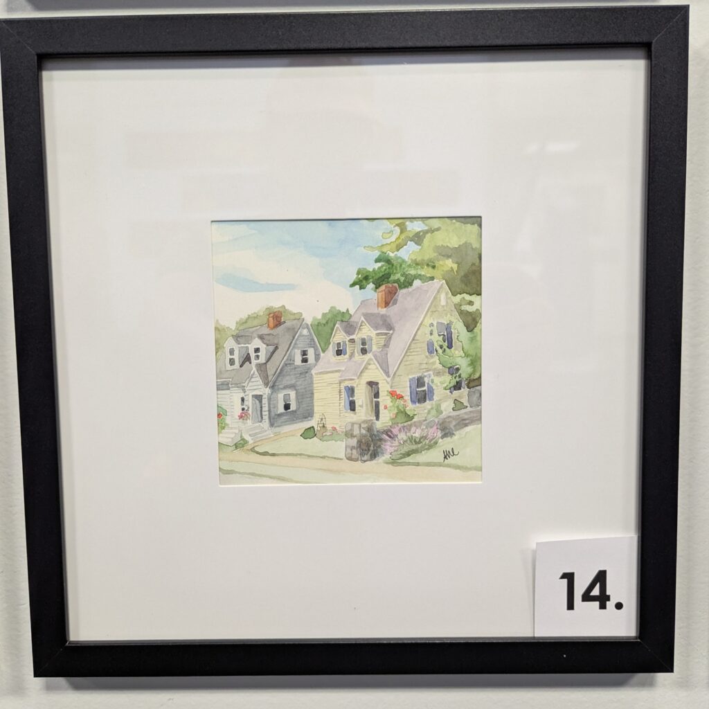 5x5 watercolor of two houses with the same floor plan but painted different colors. It is in a 10x10 frame.