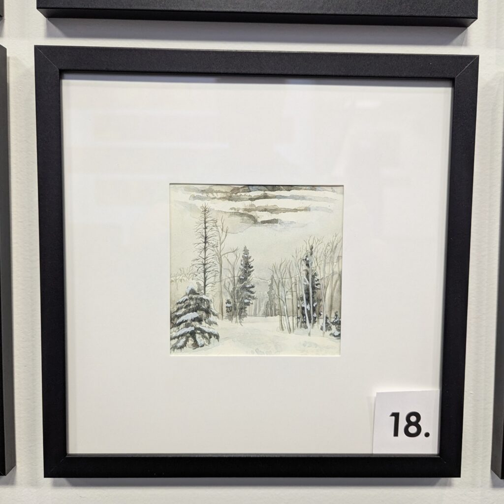 5x5 watercolor painting of the top of Rainbow, a ski run in Steamboat CO, in a 10x10 frame.
