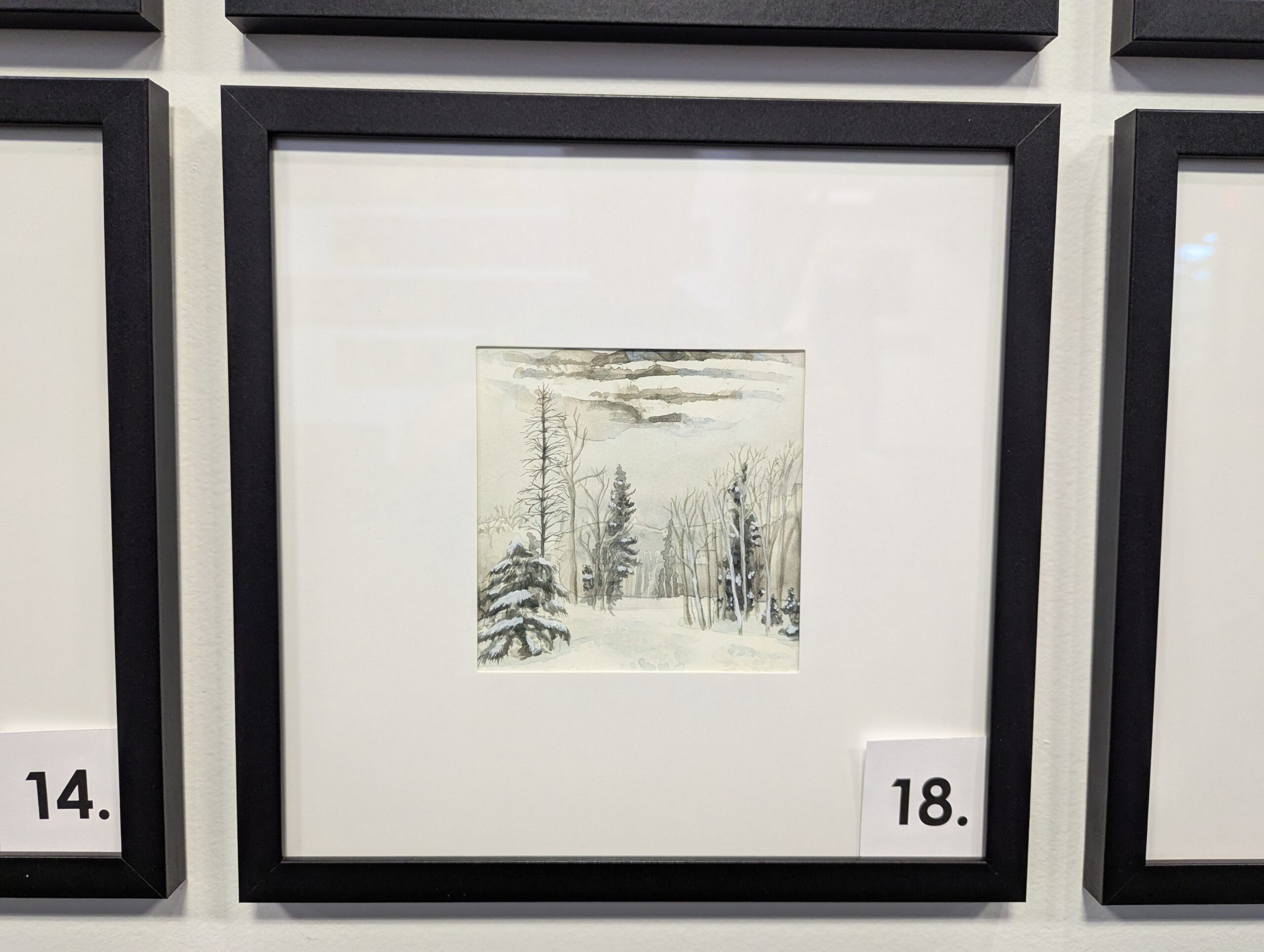 5x5 watercolor painting of the top of Rainbow, a ski run in Steamboat CO, in a 10x10 frame.