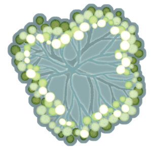 Cyanobacteria Snowella sticker on a grey background. It kinda looks friendly.