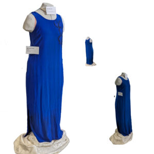 Three images of the same silk blue dress with a few skulls outlined in black on the left shoulder.